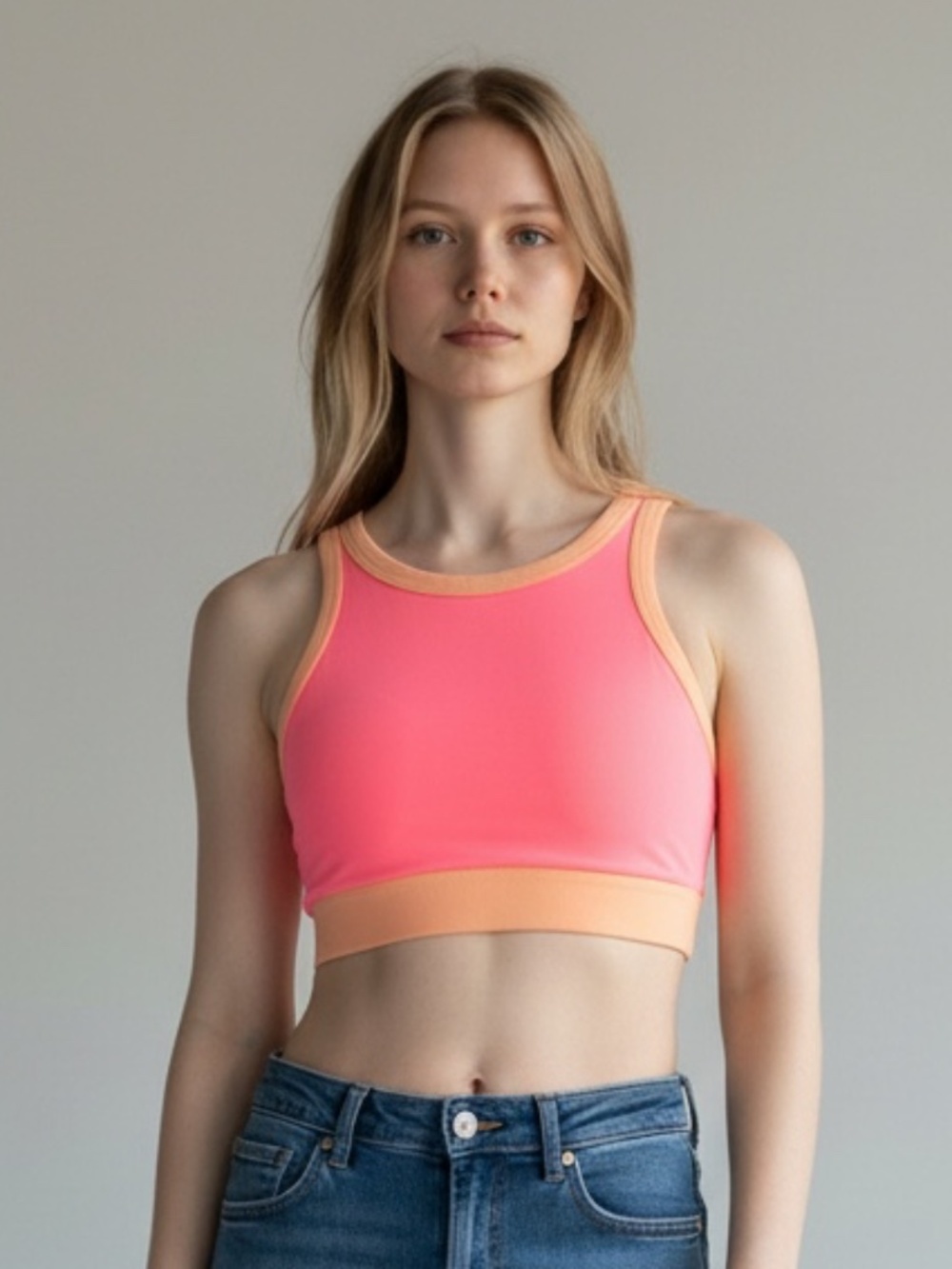 Wilo Neon Pink & Orange Colorblock High Neck Sports Bra Large